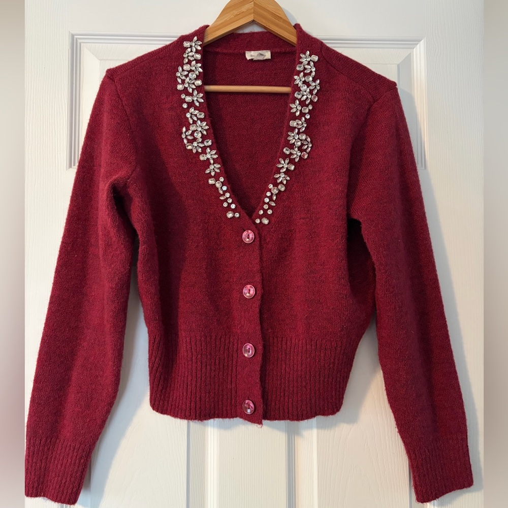 Anthropologie Pilcro Crystal V-Neck Cardigan Sweater, Rhubarb (Size Medium)